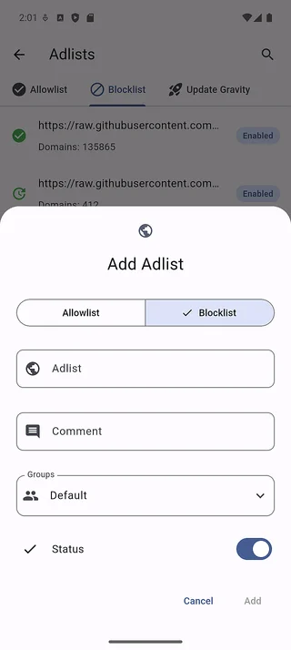 Add adlist dialog