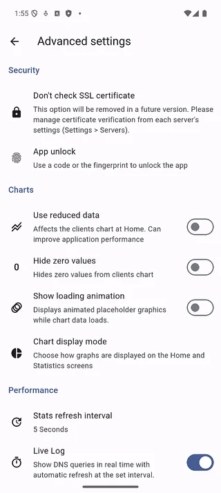 App settings advanced options