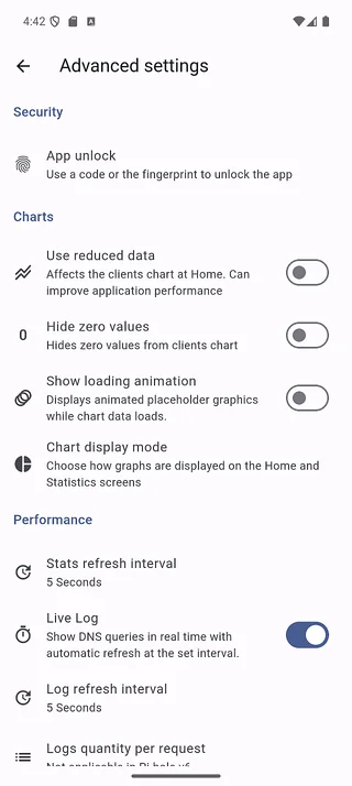 App settings advanced options
