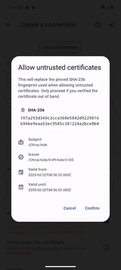 Allow self-signed certificate confirmation modal