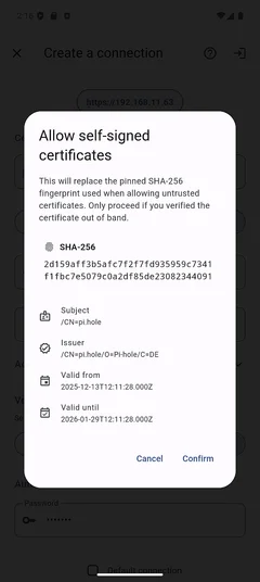 Allow self-signed certificate confirmation modal
