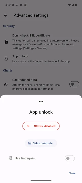 App unlock settings