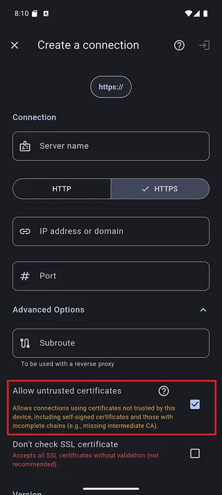 Allow untrusted certificates option