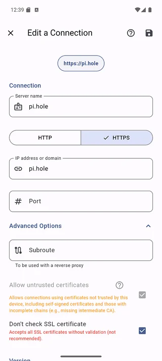 Edit a connection screen