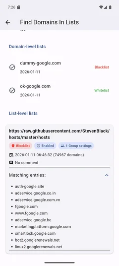 Find domains in lists bottom