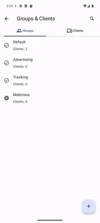 Groups and clients screen