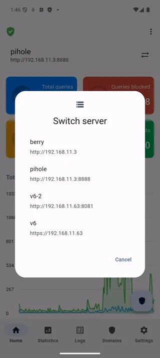 Server selection screen