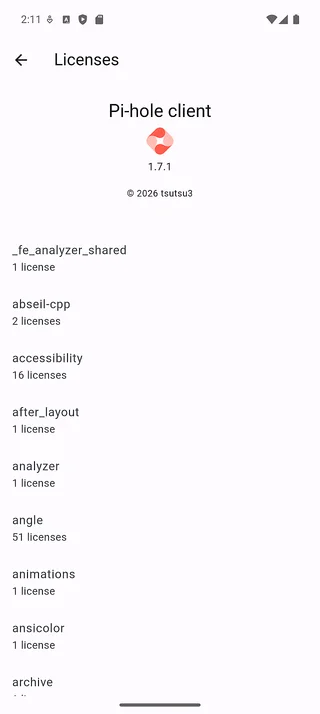 Open source licenses screen