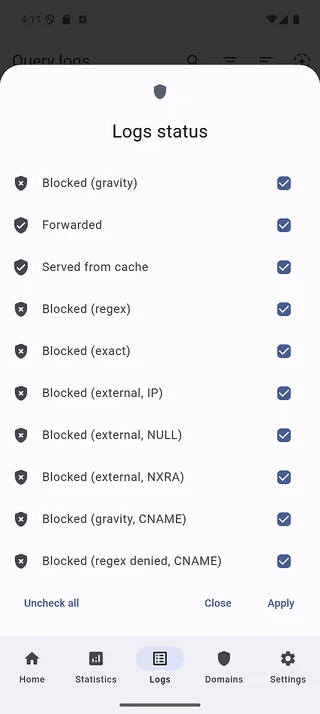 Logs filter status
