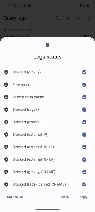 Logs filter status