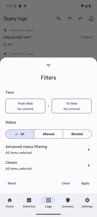 Logs filter overview