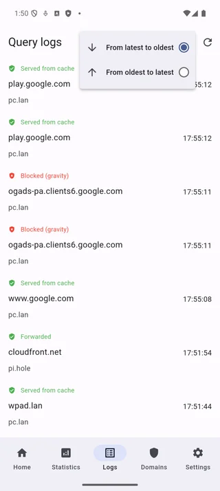 Logs sort options