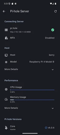 Server info screen