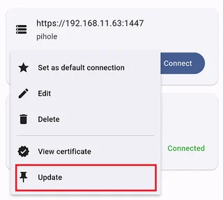 Server menu with Update option