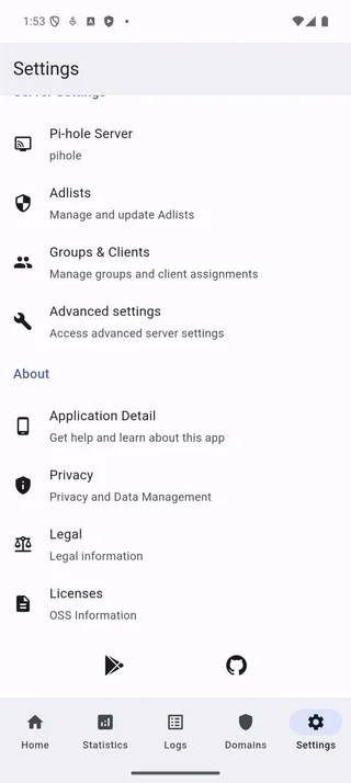 Settings screen bottom section