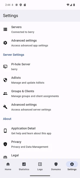 Settings screen middle section