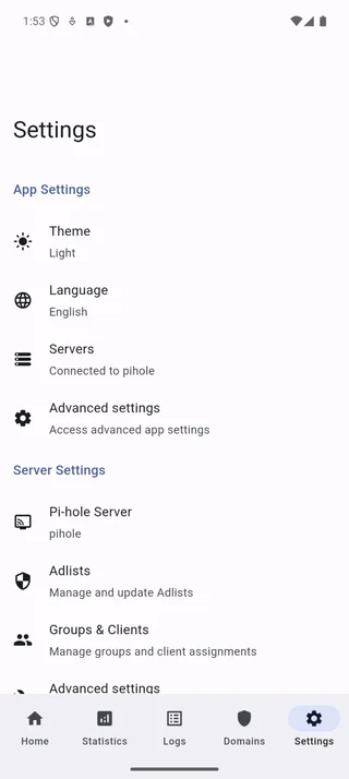 Settings screen top section